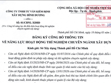 Công bố thông tin năng lực thí nghiệm chuyên ngành xây dựng